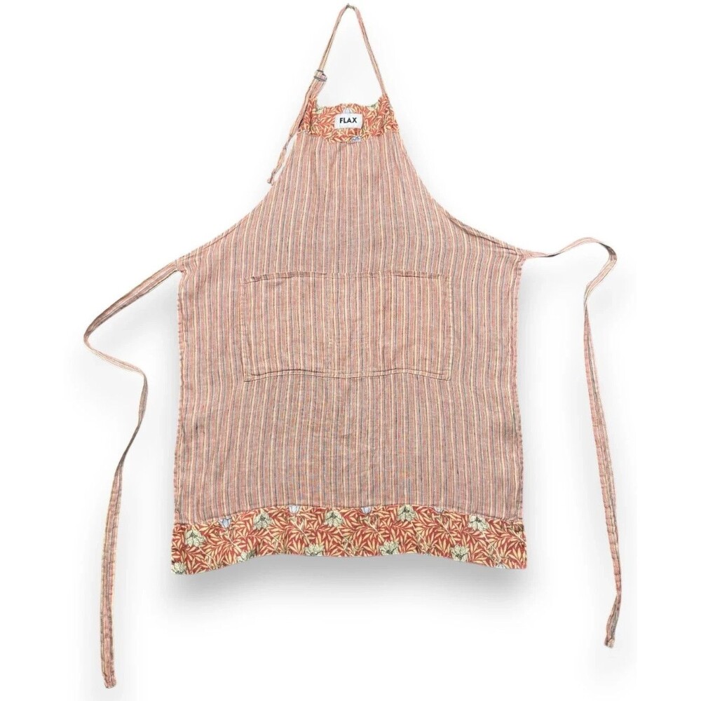 Vintage Flax Jeanne Engelhart Apron One Size Orange Linen Striped Floral Boho